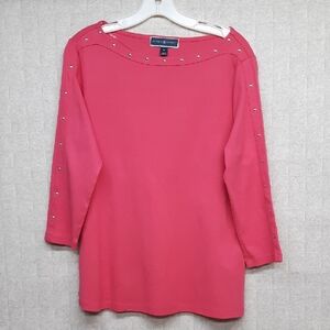 Karen Scott Hot Pink Stud-Trim Boatneck Top